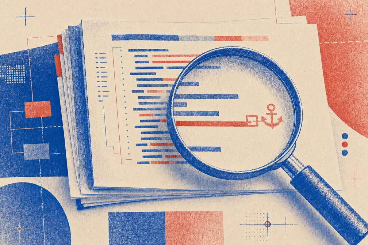 Two-color risograph collage of code pages inspected beneath a magnifying glass